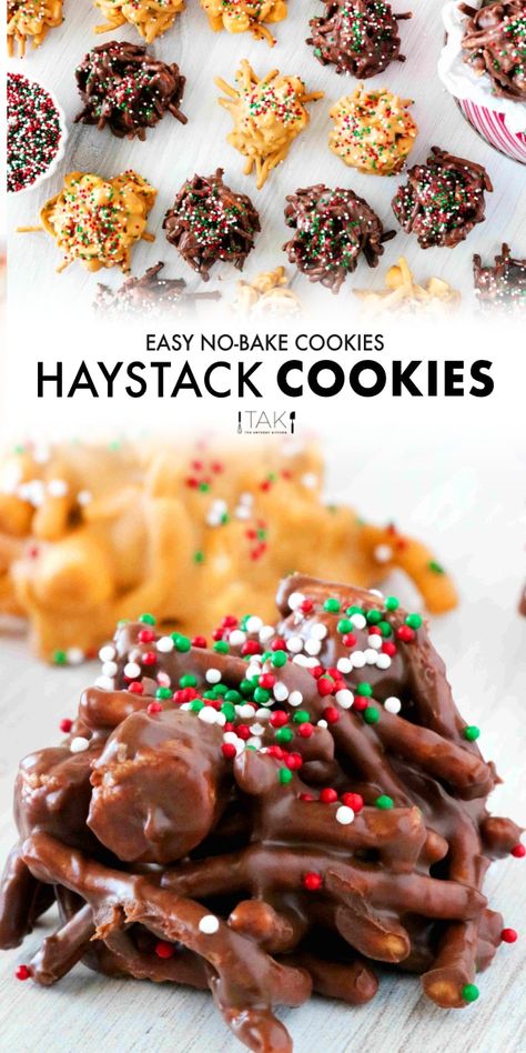 Irresistible, salty-sweet Haystack Cookies are made extra crunchy with chow mein noodles! Choose between recipes for Chocolate or Butterscotch Haystack Cookies! A peanut buttery treat for a delicious, quick-fix Christmas cookie recipe! Chocolate Butterscotch Haystacks, Crockpot Haystacks Candy, Haystack Cookies Christmas, Chow Mein Haystacks Recipe, Haystacks Recipe Chocolate, Haystacks With Marshmallows, Christmas Haystacks Recipe, Hay Stacks Recipe Haystack Cookies, Christmas Haystack Cookies