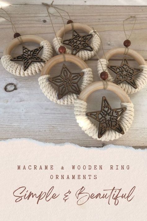 Wooden Ring Christmas Ornaments with macrame cord and stars Macrame Materials, Wooden Rings Diy, Wooden Rings Craft, Simple Macrame, Macrame Supplies, Craft Stalls, Handmade Christmas Crafts, Diy Christmas Decorations Easy, Beaded Christmas Ornaments