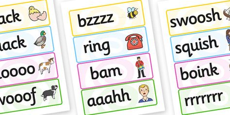 Onomatopoeia Word Cards Sound Words, Primary Resources, Charts For Kids, English Class, Early Years, Teaching Ideas, Assessment, Lesson Plans, Literacy