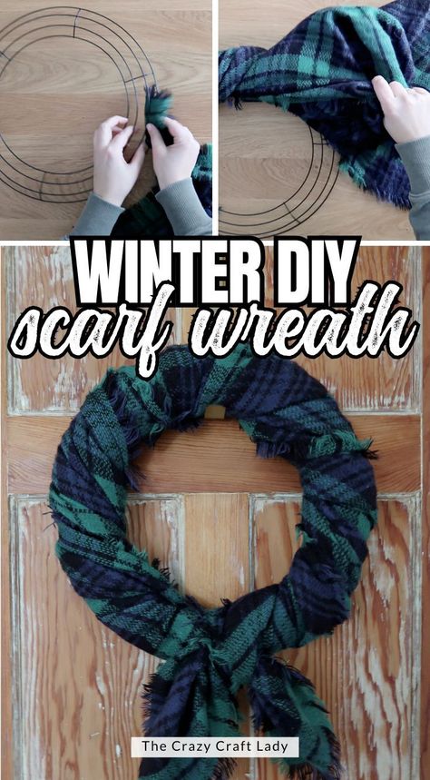 winter DIY scarf wreath Diy Scarf Wreath, Winter Wreath Diy Dollar Stores, Scarf Wreath Diy, Simple Wreath Ideas, Wreath Scarf, Scarf Wreath, Diy Door Decor, Womens Neck Scarf, Wreath Inspiration