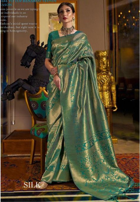 Rama Green Handloom Weaving Silk Saree Golden Saree, Green Saree, Party Kleidung, Blue Saree, Art Silk Sarees, Kanjivaram Sarees, Kanchipuram Saree, Silk Sarees Online, Saree Look