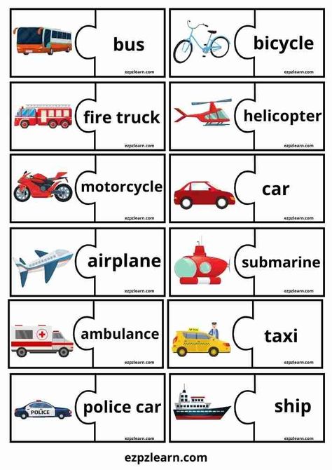 Transportation Puzzle Printable, Transport Worksheets For Kids, Transportation Worksheets For Kids, Means Of Transportation Activities, Esl Activities For Kids, Transport For Kids, Learning Materials For Kids, English Games For Kids, Transportation Preschool Activities