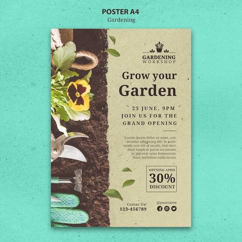 Free PSD gardening poster template desig... | Free Psd #Freepik #freepsd #garden-flyer #garden-poster #gardening #gardening-gardener Garden Flyer Design, Gardening Graphic Design, Pamplet Layout Design, Garden Graphic Design, Graphic Design Posters Ideas, Gardening Poster, Gardening Infographic, Workshop Poster, Agriculture Design