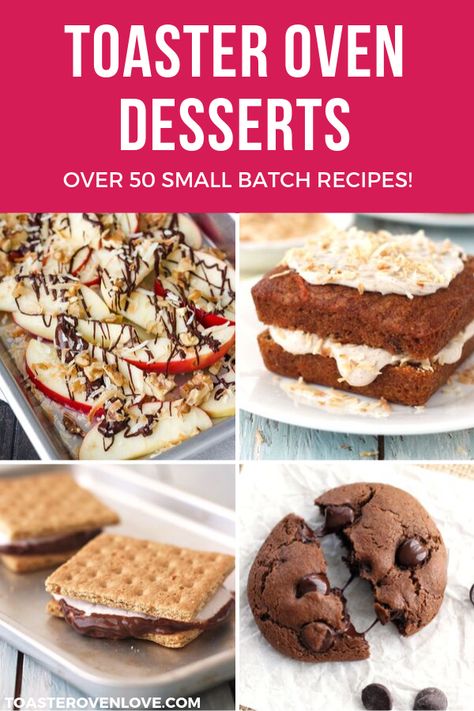 Satisfy your sweet tooth with these EASY toaster oven dessert recipes. Indulge in a small batch of Cookies, tempting Mini Carrot Cake, or gooey Indoor S’mores. You’ll even find a few healthy options! #toasteroven #dessert #dessertfortwo #cookies #smores Convection Oven Desserts, Mini Toaster Oven Recipes, Gluten Free Toaster Oven Recipes, Easy Toaster Oven Desserts, Cuisinart Airfryer Toaster Oven Recipes, Toaster Oven Cake Recipes, Baking In Toaster Oven, Toaster Oven Brownies, Toaster Oven Baking Recipes