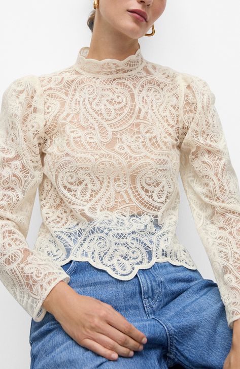 Swirling lace romances this day-to-date-night top designed with a high neckline and scalloped trim. Back button closure Mock neck Long sleeves 71% cotton, 29% polyamide with 100% cotton piping Hand wash, line dry Imported Cotton Lace Blouse, High Neck Lace Top, Top In Pizzo, Denim Party, Women Lace Blouse, Jeans Mom, Printed Denim, Neck Lace, Long Blouse