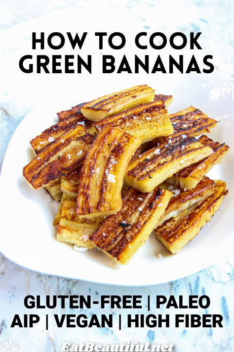 How to Cook Green Bananas shares how to make the world's best grain-free carb! This under-discovered savory treat makes amazing Green Banana Fries (recipe included!) or is a great addition to soups and stews. SO easy, nourishing and delicious. | how to cook green bananas | green bananas | green banana fries | paleo | aip | vegan | gluten free Recipes With Green Bananas, Fried Green Bananas, Green Bananas Recipe, Green Banana Recipes, Banana Fries, Green Plantain Recipes, Resistant Starches, Banana Calories, Aip Vegan