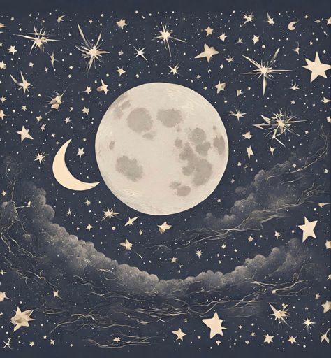 Wallpaper Vintage Moon And Stars Illustration, Moon And Stars Illustration, Vintage Moon And Stars, Night Sky Illustration, Notion Board, Stars Illustration, Sky Illustration, Star Illustration, Art Moon