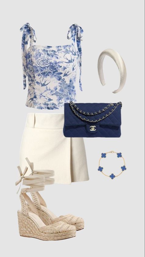 Coastal outfit Flower Tops Outfit, Hamptons Outfit Summer, Van Cleef Bracelet, Floral Top Outfit, Cleef Bracelet, Flowers Outfit, Hamptons Outfit, Navy Blue Bag, Gossip Girl Outfits