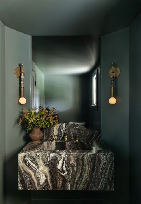 Green Marble Powder Room, Exposed Cement Wall, Jewel Box Powder Room, 2023 Powder Room, Stone Vanity, Powder Room Wallpaper, Green Sink, Lobby Interior Design, Restroom Design