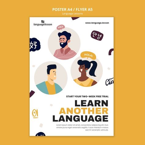 Free PSD flat design language learning t... | Free Psd #Freepik #freepsd #learning-poster #language-education #language-course #language-school Poster Ads Design Ideas, Language Book Cover Design, Language Course Poster Design, Educational Graphic Design, English Course Poster Design, Course Poster Design, Language Learning Template, Language Learning Aesthetic, Class Poster Design