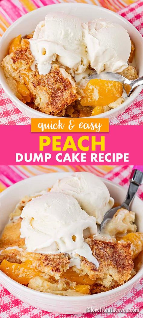 Quick& Easy Peach Dump Cake Recipe. Only four ingredients, this is so easy that my young daughter made it on her own! #peachdumpcake #peachcobbler #peachcake #peaches #dumpcake #cakemix #easyrecipes #lftorecipes #baking #dessert #peachseason Peach Desserts Easy, Peach Cobbler Dump Cake, Peach Dump Cake, Love From The Oven, Dump Cake Recipe, Peach Dessert Recipes, Dump Cakes, Peach Desserts, Peach Cobbler Recipe