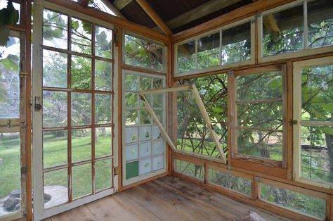 Spirit House Made With Recycled Windows — Sarah Greenman Wood Windows Exterior, Veggie Beds, Recycled Windows, Rustic Shed, Reclaimed Windows, Spirit House, Outdoor Bathroom, House Shed, Backyard Renovations