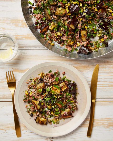 Thomasina Miers’ roast aubergine with tahini, pomegranate and red rice salad. Turkish Kofte, Salad Substitute, Roast Aubergine, Red Rice Salad, Recipes For Roast, Aubergine Recipes, Food And Wine Recipes, Veggie Tart, Recipes With Rice