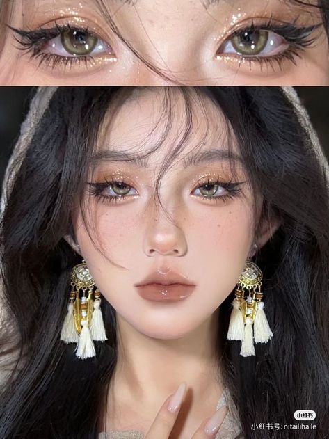 High Visual Weight Makeup, Makeup Big Eyes, Warm Tone Makeup, Belly Dance Makeup, Grwm Aesthetic, Big Eyes Makeup, Wedding Makeup Ideas, Gold Makeup Looks, Douyin Makeup