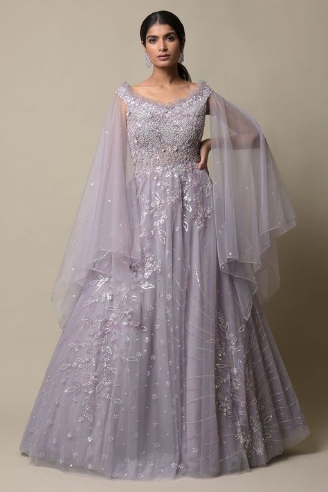 Light Purple Wedding Dress, Net Gown Designs, Indowestern Gown, Indian Wedding Reception Outfits, Light Purple Wedding, Indowestern Gowns, Net Gown, Reception Outfits, Net Gowns