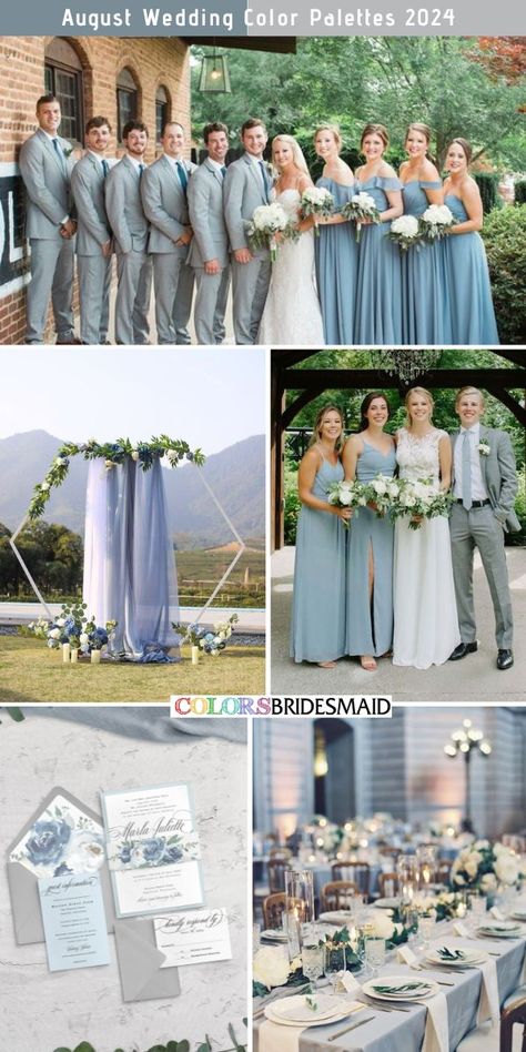 Dusty blue and light grey August wedding color palette inspirations for 2024: dusty blue bridesmaid dresses, white bridal gown, light grey suits and dusty blue ties for the groom and groomsmen, dusty blue and light grey wedding invitations, dust blue ceremony arch decorations, light blue wedding table cloth. #weddingcolors #weddingideas #summerweddings #augustwedding #colsbm #2024 #bridesmaiddresses #bluewedding #dustybluewedding Blue Ceremony Arch, Light Blue Wedding Table, August Wedding Colors Palette, November Wedding Colors, August Wedding Colors, Light Gray Wedding, Sage Green Wedding Colors, Light Pink Bridesmaid Dresses, Dusty Blue Bridesmaid