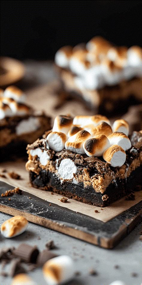 S'mores Brownie Bars [1 Hour] - Chasety Brownies And Ice Cream Aesthetic, Brownie Smores Recipe, S'mores Brownies, Brownies Unique, Brownies S’mores, Decorative Brownies, Pub Desserts, Brownie Decorations, Brownies Decoration Ideas