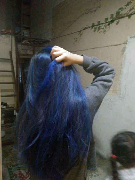 Grown Out Blue Hair, Long Dark Blue Hair, Jinx Hair, Blue Tips Hair, Darcy Vega Zodiac, Skunk Hair, Blue Black Hair, Dark Blue Hair, Hair Color Underneath