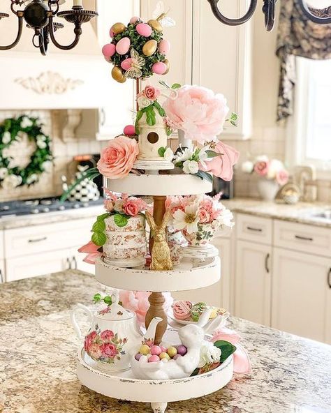 Spring Tiered Tray Decor Ideas, Tiered Tray Decor Ideas, Simple Easter Decor, Spring Tiered Tray Decor, Tray Decor Ideas, Spring Tiered Tray, Fresh Flower Market, Spring Coffee, Tea Party Theme