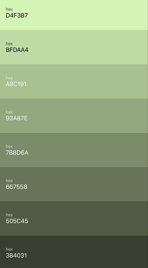 Sage Green Palate, Green Colour Palette Aesthetic, Green Color Codes For Bloxburg, Green Color For Walls, Sage Green Tones Palette, Green Palate Color Palettes, Canva Sage Green Code, Sage Green Shades Colour Palettes, Green Paletes