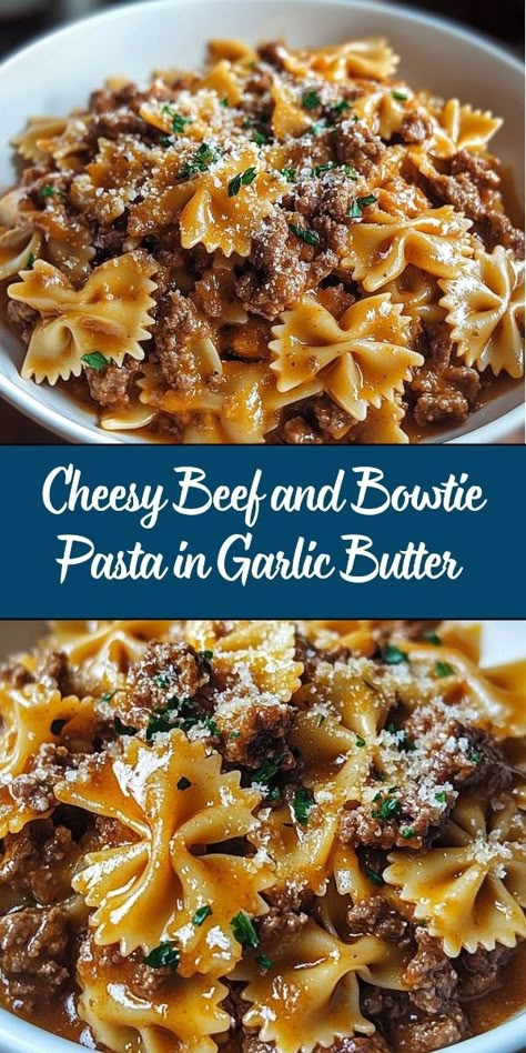 A savory and satisfying dish that combines tender bowtie pasta, seasoned ground beef, and a rich garlic butter sauce. Finished with gooey melted cheese, this dish is perfect for a comforting weeknight dinner. Beef Dinners, Beef Pasta, Bowtie Pasta, Garlic Butter Sauce, Pasta Dinner Recipes, Supper Ideas, Easy Dinner Recipe, Dinner This Week, Beef Dinner