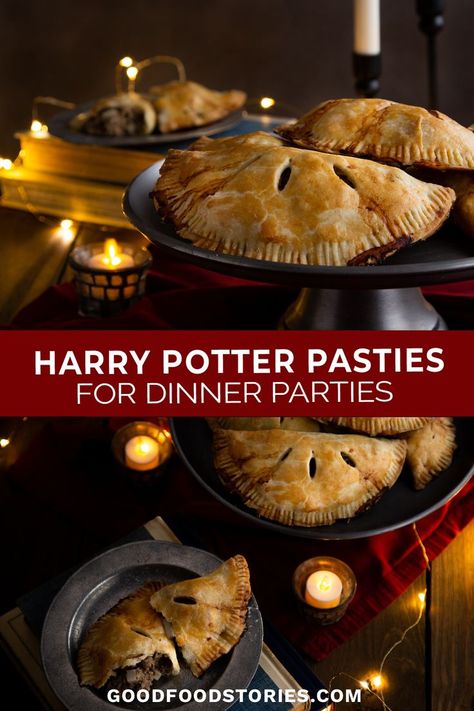 platters of beef filled Cornish pasties with spooky candles and lighting Harry Potter Shepards Pie Recipe, Easy Cornish Pasties, Easy Harry Potter Dinner, Prisoner Of Azkaban Snacks, Wizarding World Food Recipes, Harry Potter Meat Pies, Gryffindor Themed Snacks, Harry Potter Christmas Food Ideas, Harry Potter Theme Snacks Food Ideas