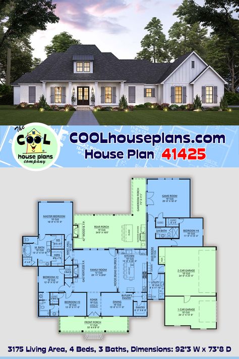 French Country House Plan 41425 with 4 Beds, 3 Baths, 3 Car Garage House Plans French Country, French Style House Plans, Acadian Style Homes, Fireplace Seating, French Country House Plans, Room Entrance, Country Style House Plans, Family House Plans, 3 Car Garage