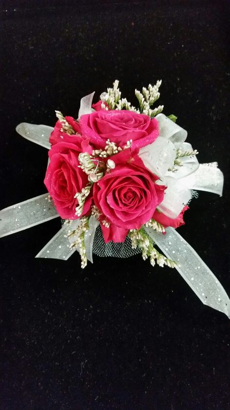 Corsage For Hot Pink Prom Dress, Dark Pink Corsage, Hot Pink Wrist Corsage Prom, Pink And White Corsage Prom, Corsage Prom Hot Pink, Hot Pink And White Corsage, Pink And Silver Corsage Prom, Hot Pink Corsage Prom Wristlets, White Corsage