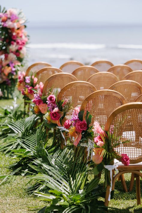 Wedding Ceremony Chair Floral Arrangements & Aisle Greenery Arrangements Tropical Wedding Aisle, Tropical Flower Arrangements Wedding, Albania Wedding, Floral Wedding Aisle, Aisle Greenery, Tropical Wedding Ceremony, Hawaiian Wedding Themes, Wedding Ceremony Chairs, Beach Wedding Aisles