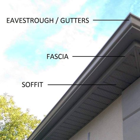 Soffit And Fascia Grey Soffit And Fascia, Black Fascia And Soffit, Black Soffit And Fascia, Soffit And Fascia, Soffit Ideas, Dark Grey Houses, Master Addition, Gutter Protection, Exterior Finishes