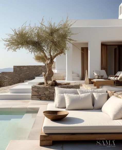 Patio 2023, House In Greece, Mediterranean Pool, Mediterranean Interior, Ibiza Beach, Mediterranean Decor, Modern Beach House, Garden Markers, Mediterranean Homes