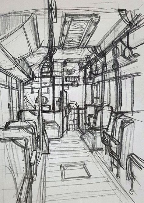 Art Sketches City, Train Interior Drawing, Simple City Drawings, Busy City Drawing, Bus Perspective, Background Ideas For Drawings Simple, Train Drawing Sketches, City Drawing Reference, Library Drawing Sketches