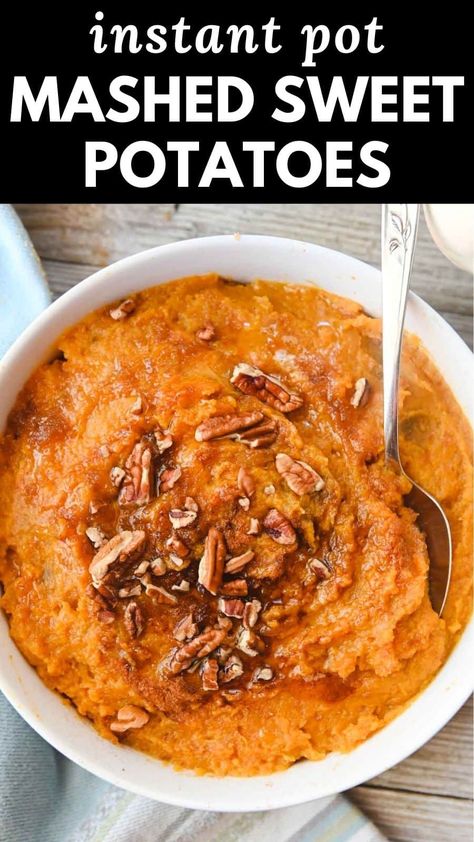 Mashed Sweet Potatoes are so easy to make in the Instant Pot in just under 30 minutes! These silky smooth potatoes are combined with warming spices for a simple yet flavorful fall side. White Bean Soup Vegan, Vegan Grits, Instant Pot Chickpeas, Dinners Crockpot, Sweet Potatoes Recipes, Gluten Free Side Dish, Sweet Potato Recipes Mashed, Christmas Casserole, Gluten Free Side