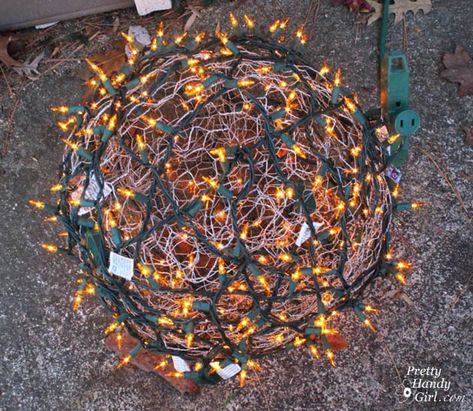 How to Make Giant Lighted Ornament Balls - Pretty Handy Girl Chicken Wire Christmas Balls, Diy Cone, Christmas Outdoors, Diy Christmas Lights, Outdoor Christmas Tree, Christmas Light Ornament, Crafts For Adults, Christmas Yard Decorations, Christmas Decorations Diy Outdoor