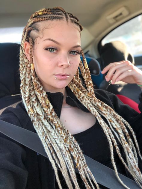 @xbrattt 🕊🦋 Goddess Braids White Girl, Protective Hairstyles For White Women, Blonde Feed In Braids, Grade 8 Grad Hairstyles, Cornrow Hairstyles White, White Box Braids, White Girl Cornrows, White Girl Braids, Grad Hairstyles