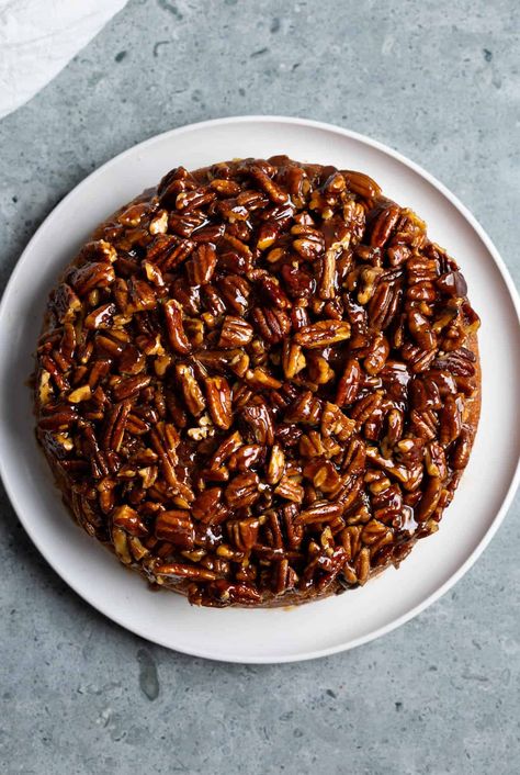 The gooeyness of pecan pie combines with fluffy vanilla cake in one delicious mashup: pecan upside down cake. This easy pecan cake recipe makes a great less-stress Thanksgiving dessert, but you'll want to enjoy these flavors year-round!