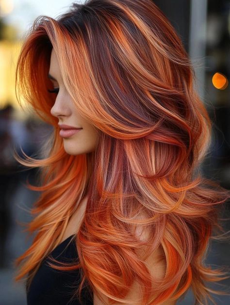 Pretty Ombre Hair, Caramel And Red Hair, Fox Hair Color Ideas, Fox Hair Color Style, Fire Ombre Hair Long, Ombré Hair Ideas, Fall Hair Trends 2024 Red, Red Orange Ombre Hair, Auburn And Copper Hair