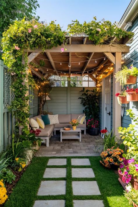 Explore creative small backyard decorating ideas on a budget to transform your outdoor space into a charming oasis. Get inspired with these small backyard decor ideas that maximize style and functionality in compact areas. Whether you have a tiny patio or a postage-stamp-sized yard, these small backyard decor inspiration will help you make the most of your outdoor space. Discover clever ways to add greenery, seating, lighting, and decor elements that will enhance the beauty of your small backyar Small Yard Remodel, Side Of House Ideas Small Spaces, Small Yard Gazebo Ideas, Small Suburban Backyard Ideas, Small Backyard Diy Ideas, Backyard Sitting Area Ideas Garden Nook, Pergola Small Backyard, Tiny Garden Ideas Backyards, Tiny Backyard Ideas On A Budget