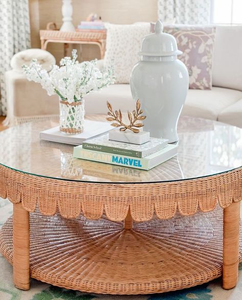 A coffee table that captivates ✨ Our scalloped round coffee table adds the perfect touch of charm. Chest As Coffee Table, Coffe Table Arrangment, Round Coffee Table Decor, Welcome To My House, Decorating Coffee Tables, Round Coffee Table, Staging, A Coffee, Tiny House