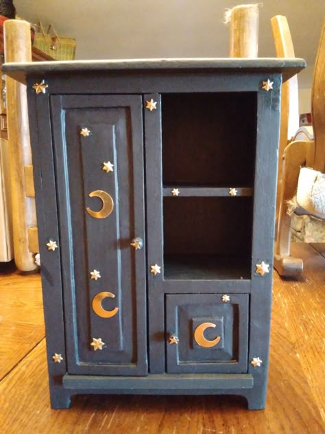 Painting On Furniture Aesthetic, Celestial Jewelry Box, Painted Chest Ideas, Painted Jewelry Cabinet, Witch Boxes Painted, Whimsigoth Furniture Diy, Blue Goth Room, Witchy Furniture Diy, Night Stand Painting Ideas