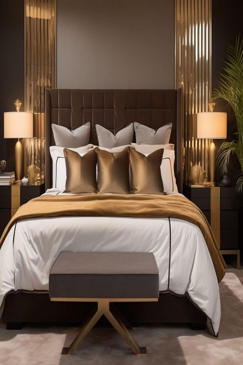 Brown And Gold Bedroom Decor, Gold Brown Bedroom, Gold Theme Bedroom, Brown And Gold Bedroom, Brown Gold Bedroom, Afrocentric Bedroom, Chocolate Bedroom Ideas, Bed Bedding Ideas, Chocolate Brown Bedrooms