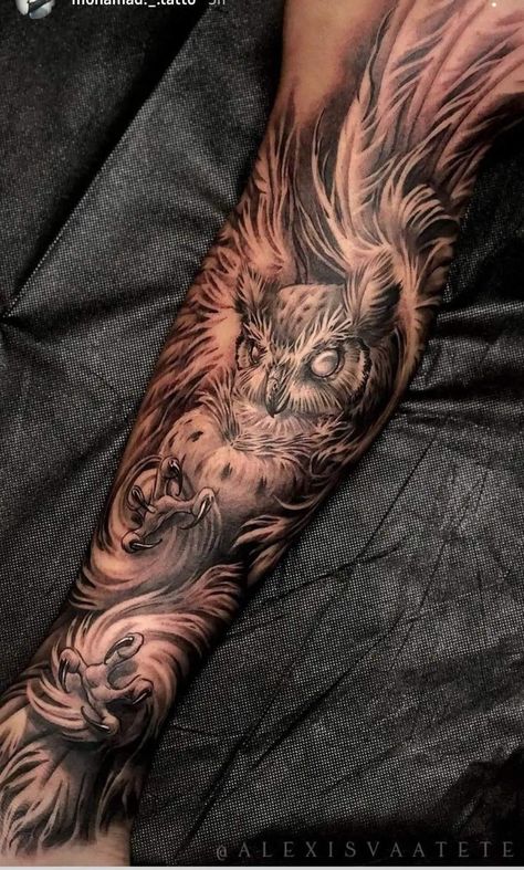 Owl Half Sleeve Tattoo Men, Owl Tattoo Arm, Owl Forearm Tattoo, Girly Skull Tattoos, Owl Tattoo Sleeve, Pegasus Tattoo, Animal Design Tattoo, Owl Tattoo Drawings, Forearm Tattoo Quotes