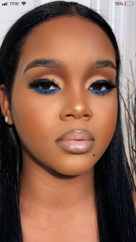 Yellow Pop Of Color Makeup, Blue And Brown Makeup Looks Black Women, Colored Bottom Eyeliner, Event Makeup Looks Brown Eyes, Thirst Trap Makeup Ideas, Pop Of Color Makeup Black Women, Pop Of Color Under Eye Makeup, Blue Under Eye Makeup Black Women, Types Of Eyeshadow Looks