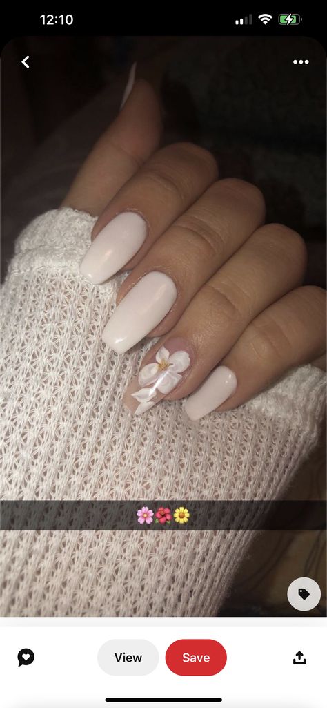 White Nails Acrylic Coffin Medium, White Nails With Sticker Designs, Flower Nail Designs Coffin Short, White Spring Nails Acrylic, White Nail With Flower, White Nails With Pink Flowers, Milky White Nails With Flowers, White Nails With Accent Nail, White Nails With Flower Design