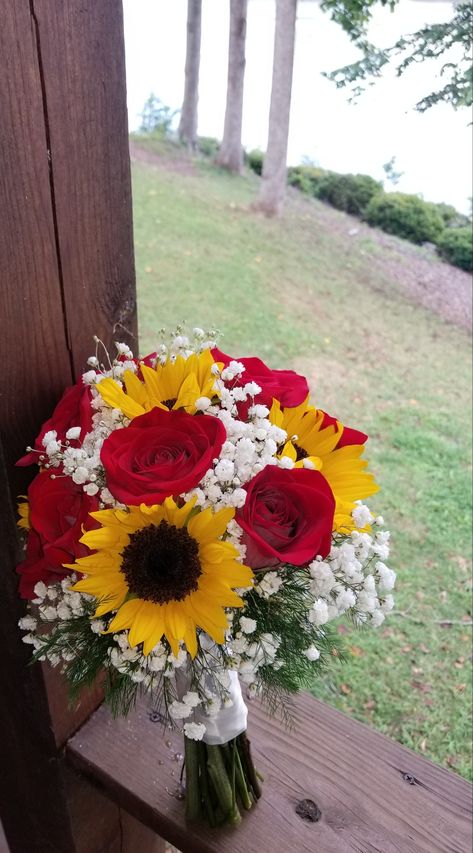 Sunflower And Red Flower Bouquet, Sunflower Roses Daisy Bouquet, Sunflower And Rose Bridesmaid Bouquet, Sunflowers And Roses Arrangements, Sunflower Vow Renewal, Bridal Bouquet Sunflowers And Roses, Wedding Bouquets Sunflowers And Roses, Red Sunflower Bouquet, Sunflower And Rose Wedding Theme Rustic