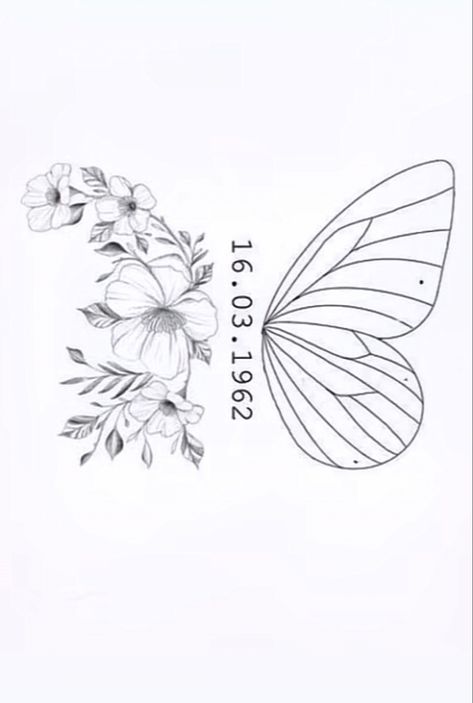 Butterfly Tattoo For Daughter, Half Butterfly Half Angel Wing Tattoo, Flower Butterfly Tattoo, Delicate Feminine Tattoos, Rip Tattoos For Mom, Butterfly Name Tattoo, Butterfly With Flowers, Baby Name Tattoos, Remembrance Tattoos