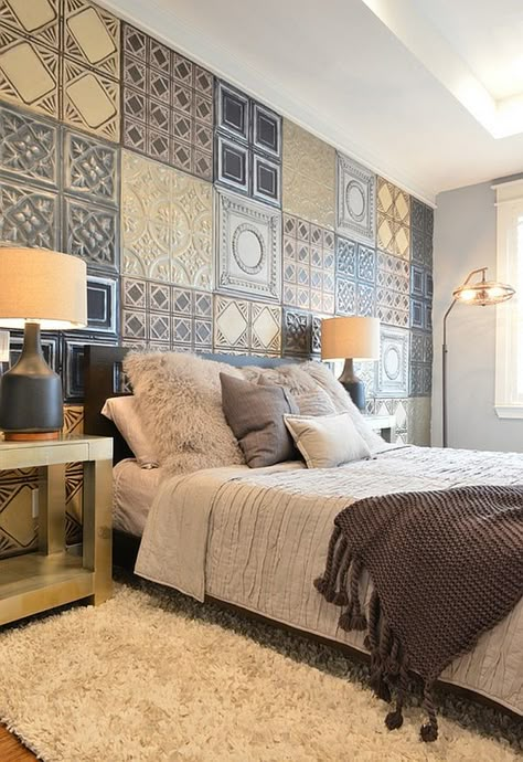 Tin tiles that have been faux painted to make an inimitable backdrop. Love the bedding too Tin Tiles, Casa Vintage, Eclectic Bedroom, Accent Wall Bedroom, Tin Ceiling, Bedroom Accent, Ceiling Tiles, Remodel Bedroom, Decoration Inspiration