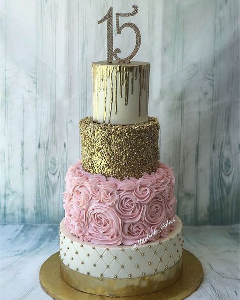 Marisol Knight on Instagram: “A few months ago I did a giveaway for a Quinceañera cake!  Here is the cake for @nicoya2004 ‘s daughter’s quince!  Top is 4” lemon cake, 6”…” Purple And Gold Quinceanera Cake, Quince Gold And Pink, Purple And Gold Quince Cake, 15 Cakes Quinceanera, Pink And Gold Quince Cake, Quince Cakes Lavender And Gold, Cakes Quinceanera, Quince Cake, Instagram Cake