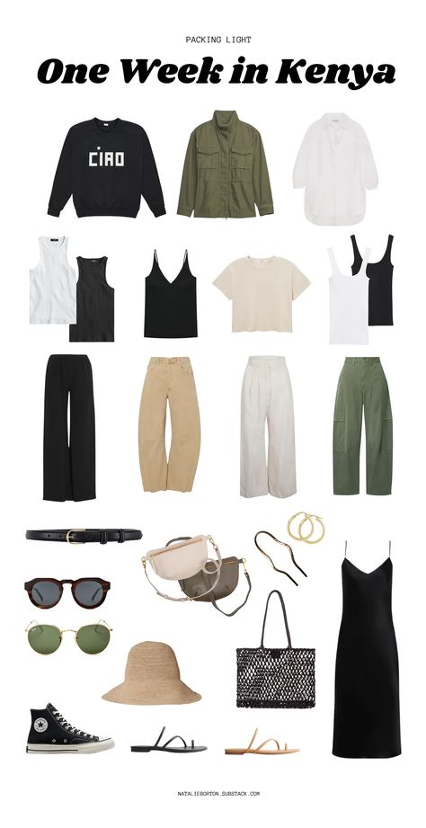 What I Packed for One Week in Kenya 10 Piece Wardrobe, Natalie Borton, On Safari, Travel Capsule Wardrobe, Normal Clothes, Black Wide Leg Pants, Nairobi, Mom Outfits, One Week