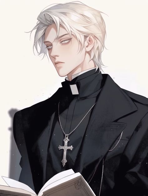 Man With White Hair Art, Priest Drawing Reference, White Haired Man Art, Pretty Anime Guy, Priest Oc Art, Priest Character Design Male, White Hair Guy Art, Black And White Hair Character Design, Anime Men Art